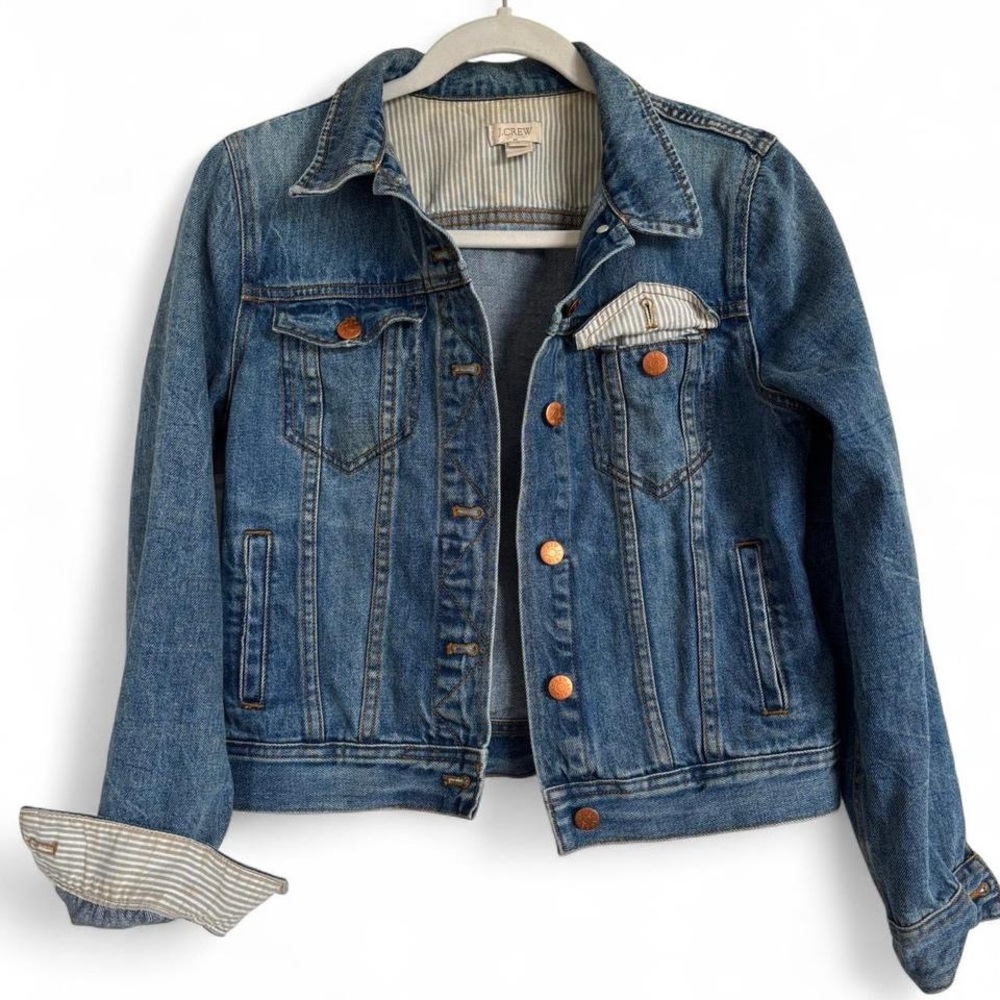 J Crew Early 2000’s Blue denim jacket with button-up front and patch pockets